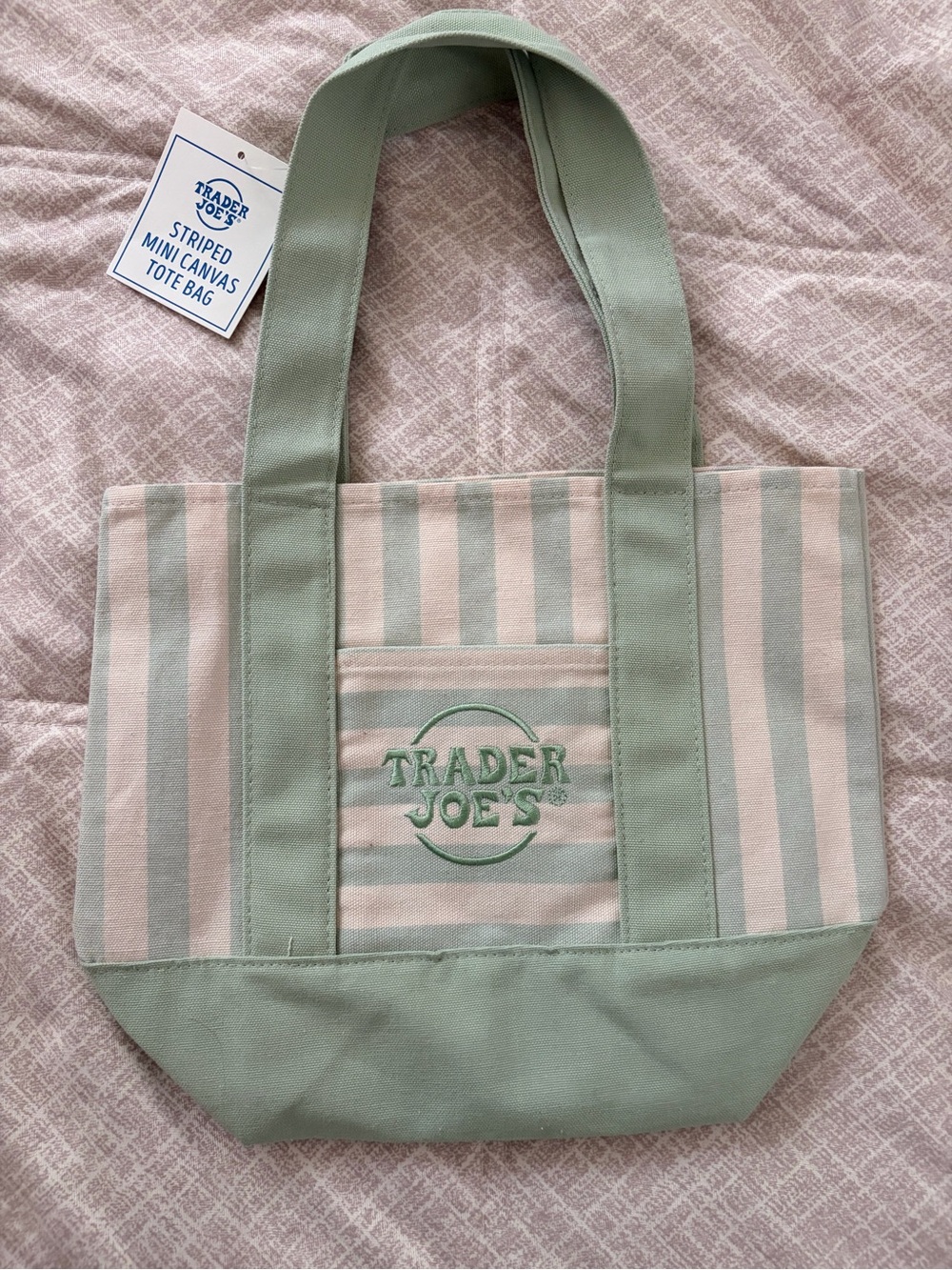 Trader Joe's Sage Green and Cream Striped Canvas Tote